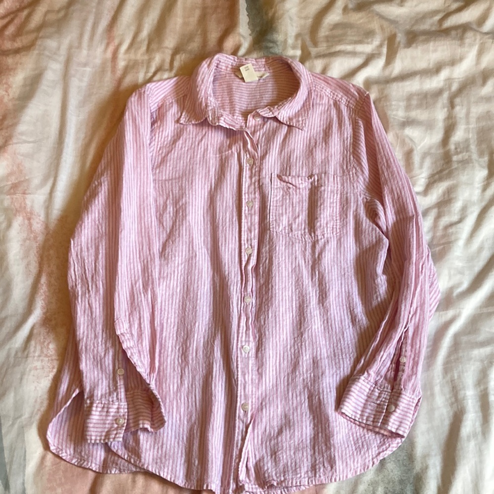 H&M pink striped linen button down shirt